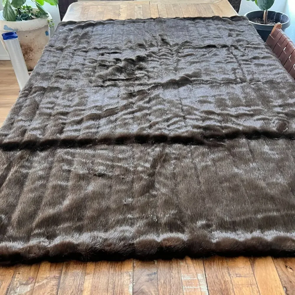 Faux Fur Channeled Mink Throw Blanket 49 x 57 in Brown Cotton Backing